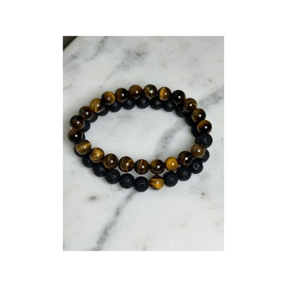 Tiger's Eye & Lava Stone Beaded Bracelet Set Essential Oil Diffuser Bracelets - Picture 2 of 3